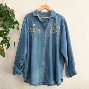 Vintage denim button up with embroidered flower details